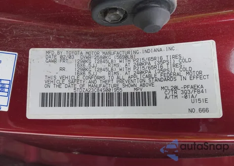 2004 Toyota Sienna Le из США, поврежденный, VIN 5TDZA23C84S001955